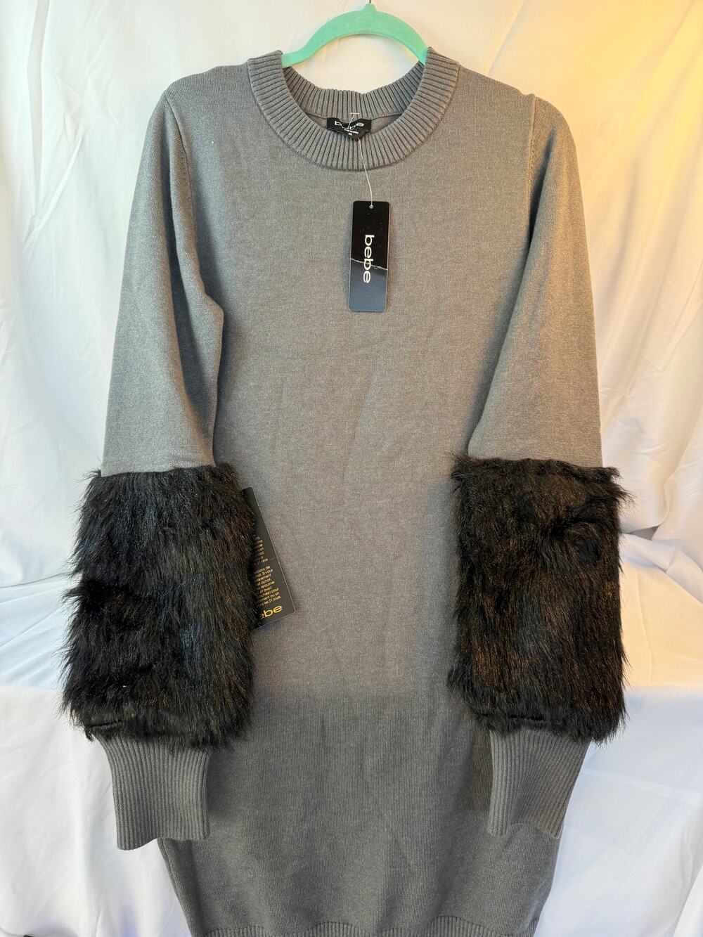 Bebe Faux Fur Cuff Sweater Dress Charcoal Grey Women's XXL READ measurements NWT